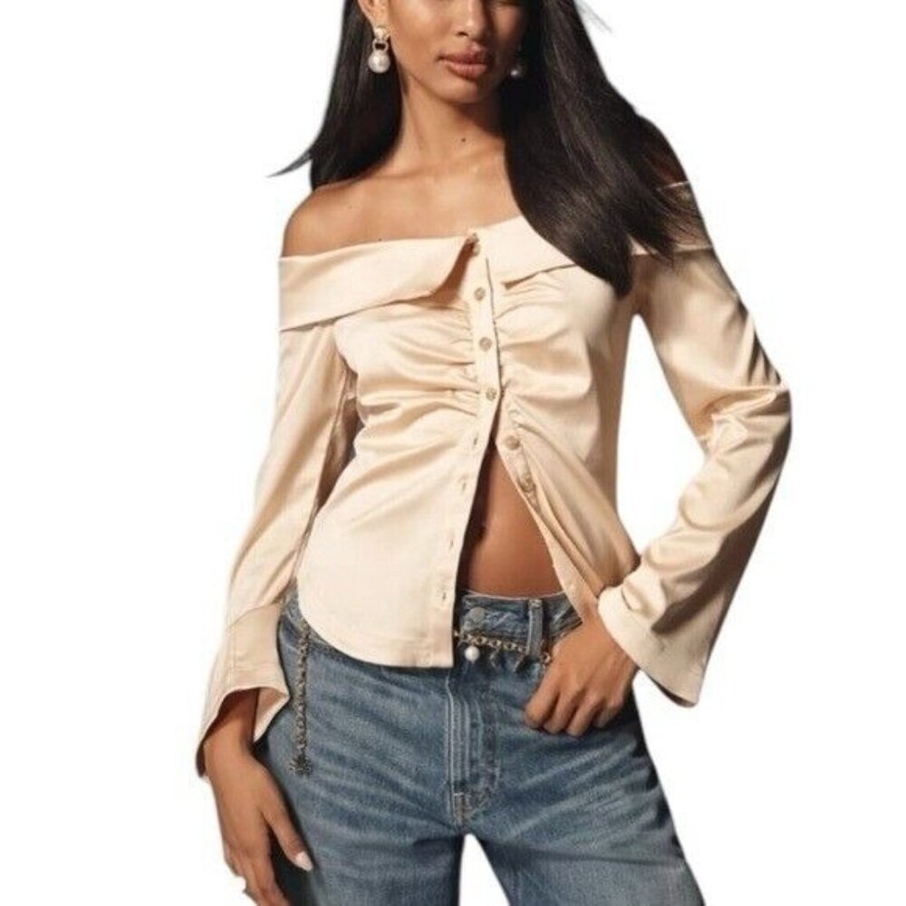 ANTHROPOLOGIE Off The Shoulder Silky Button Down Shirt Size M NEW Steampunk